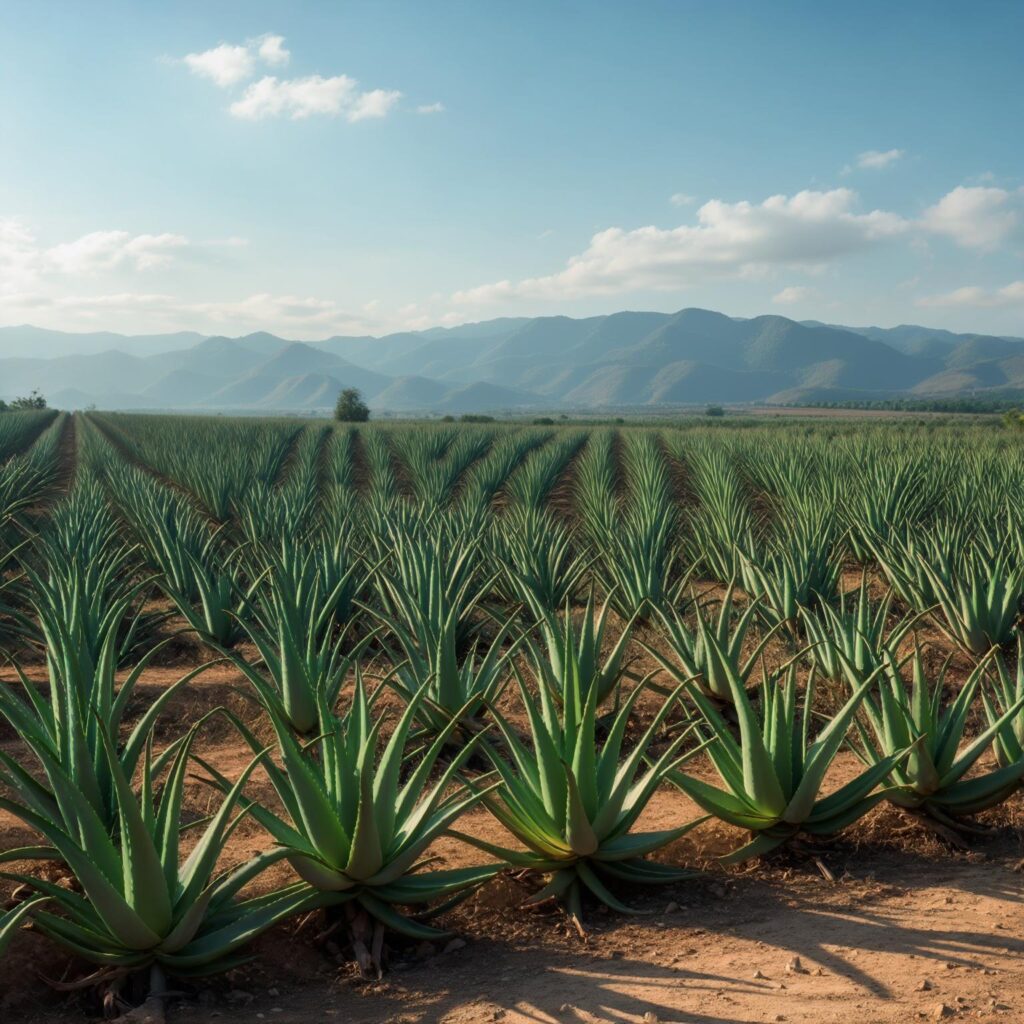 Champ d’aloe vera verdoyant au pied des montagnes en automne