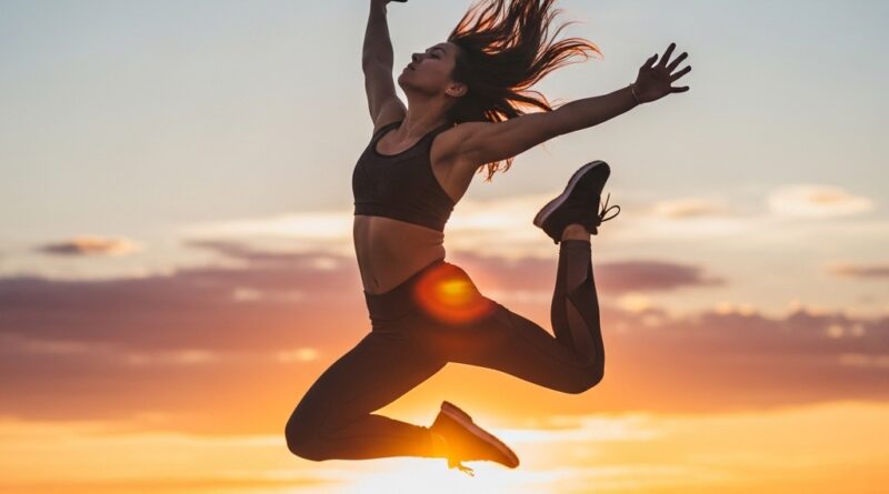 Femme sautant avec energie au coucher du soleil